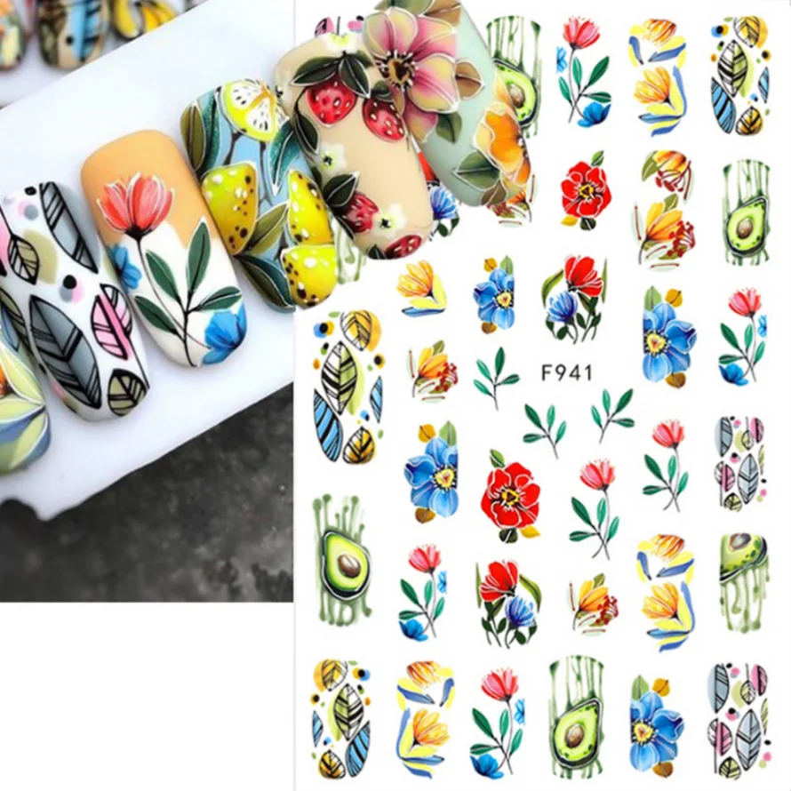 3D Flower Petal Nail Stickers Purple Pink Tulip Leaf Clover Summer Avocado Fruit Geometric Line Floral Manicure Decoration