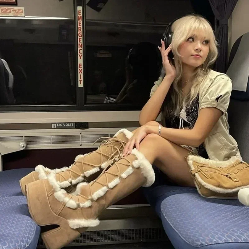 Platform Furry winter Boots for women mid-calf boots Plush warm ladies Gothic boots 2023 Halloween Cosplay female Heel shoes 46