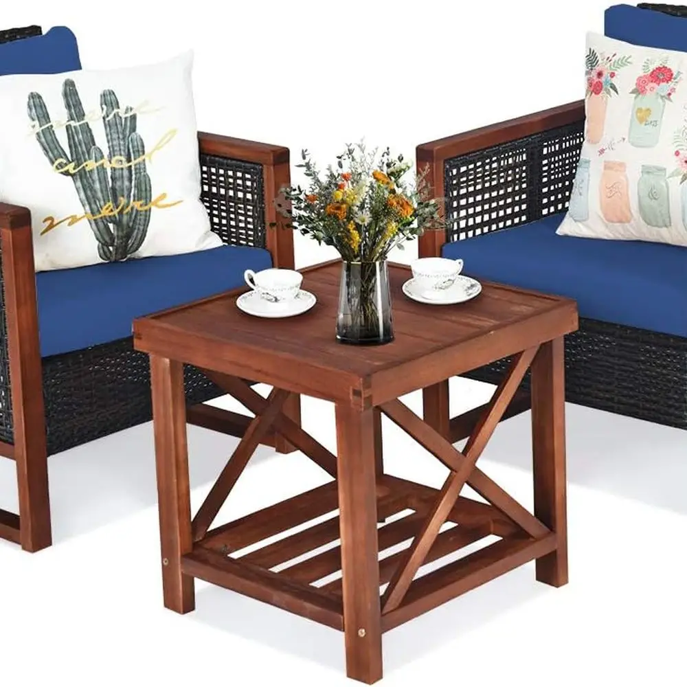 Blue Outdoor Rattan Sofa Set with Washable Cushions and Acacia Wood Coffee Table for Patio Conversations