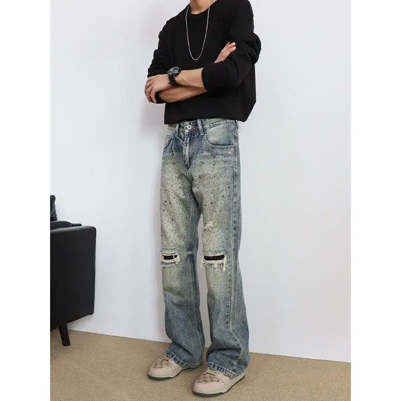 

American High Street Men's Loose Straight Leg Jeans Faion Brand Hole Punching Diamond Casual Comfortable Retro Sle