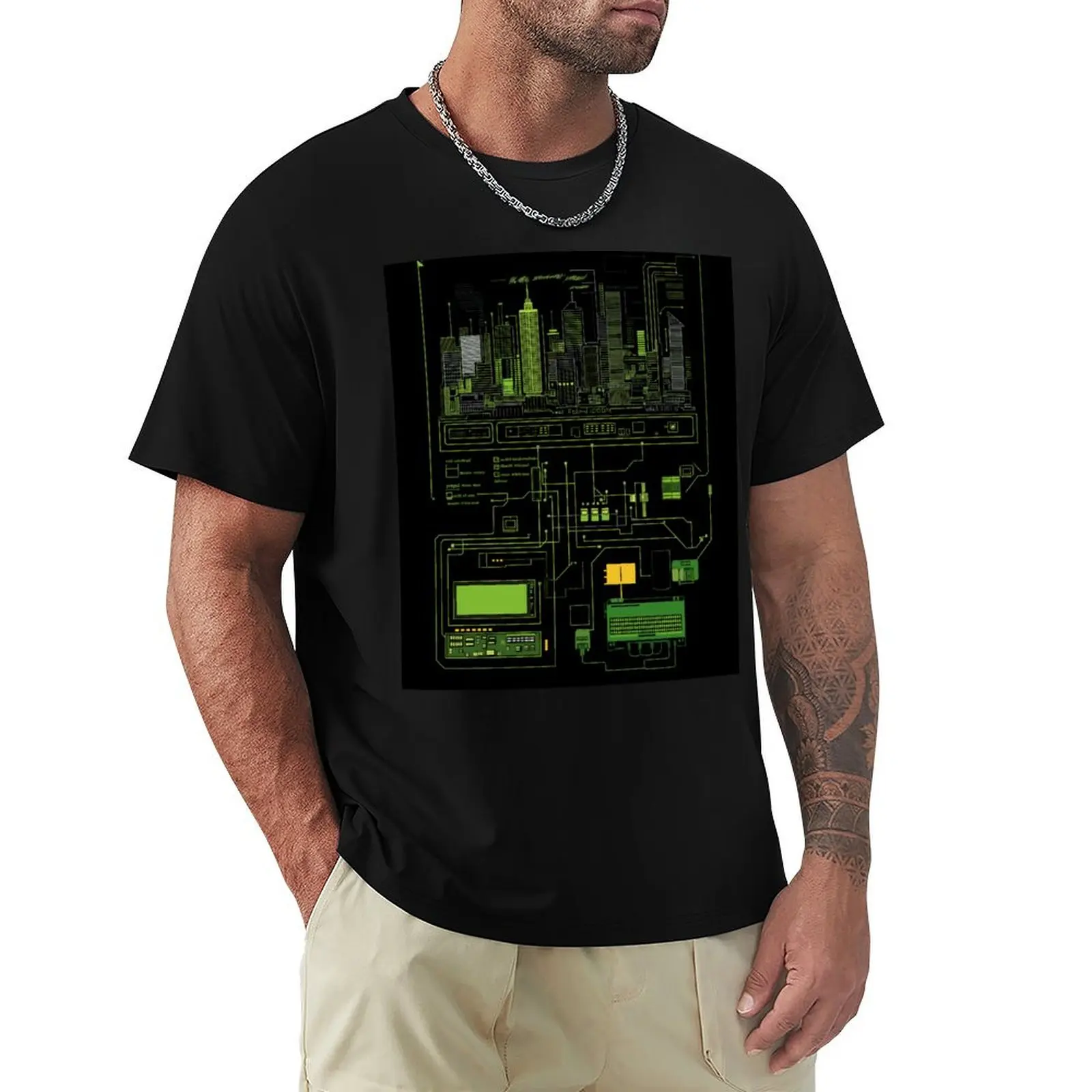 

Neon Circuitry Cityscape - 8-Bit Digital Art T-Shirt tops anime tshirt summer top cute clothes plus size men clothing