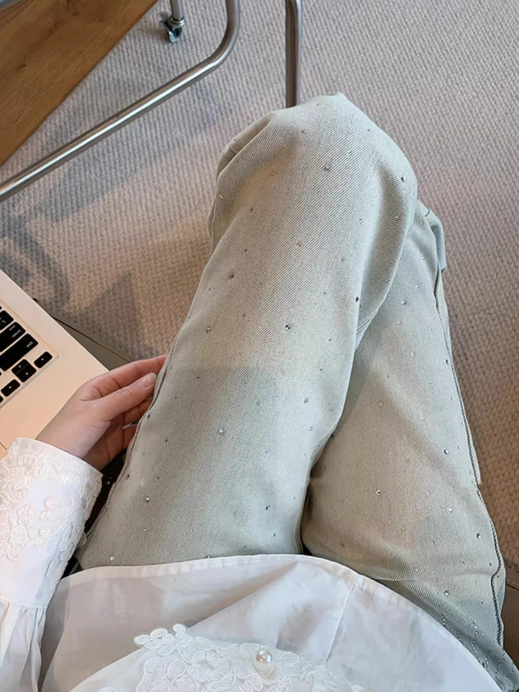 

Y2K Wide Leg Pants Women Light Blue Rhinestone Denim High Waist Retro Vintage Slim Fit Straight Leg Spring Trousers