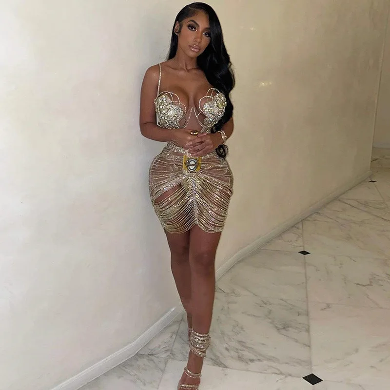 New Model Glamorous Diamond Perspective Dress - Glam Golden Rhinestone Summer Gown for Birthday Parties & Hot Stage Performances