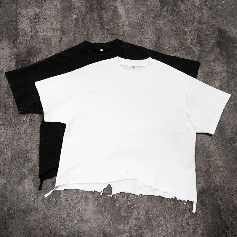 Men's T-shirt Retro Street Destruction Style T-shirt Short-sleeved Men's Wear High-quality Pure Cotton Distressed Short-sleeved