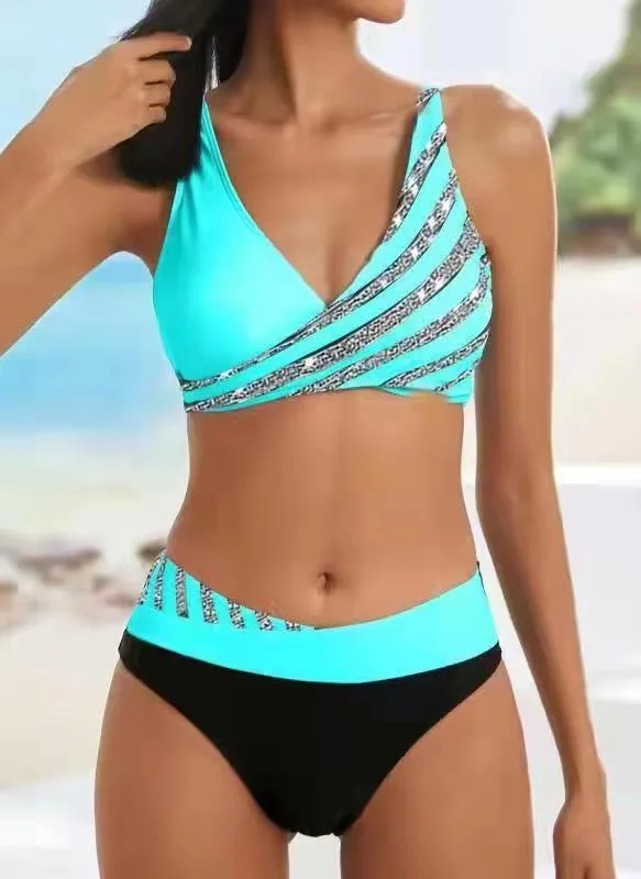 New Summer Beach New Women's Bikini Two Piece Swimsuit Shining Diagonal Rod Print Holiday Lace Up Beach Swimsuit