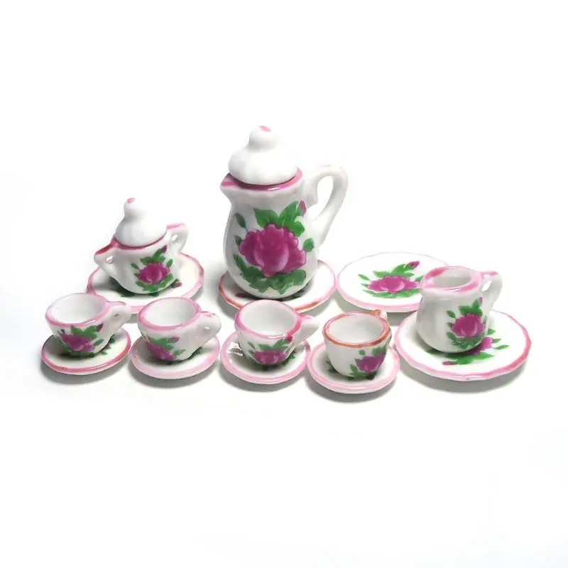 Escala 1:12 para casa muñecas, vajilla, muebles en miniatura, flor morada, porcelana China