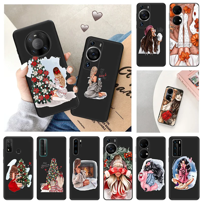 Ultra Thin Soft Case For Huawei P40 P30 Lite P20 Pro P Smart Moto G200 G30 G31 One Fusion Christmas Beauty Girl Black Back Cover