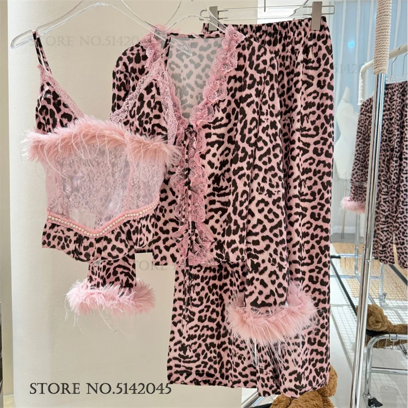 

Sexy Leopard Lingerie Pajamas 3PCS Set Spring Autumn New Sleepwear Pijamas Suit Hollow Out Lace Cami Trouser Homewear Loungewear
