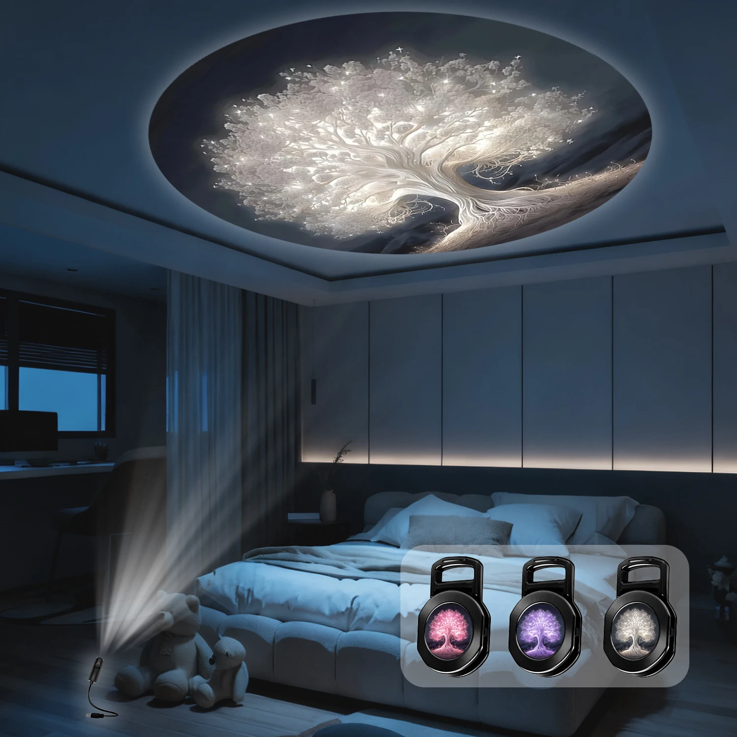 

3-color Tree of Life projection light, USB plug-and-play, bedside and wall decorative ambient night light.