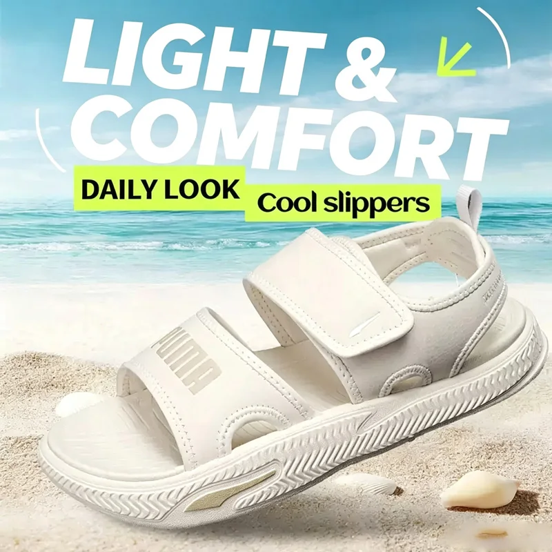 PUMA Men Sport Sandals 395429-06 Off White Adjustable Velcro Strap PUMA Logo Soft Cushion Anti-Wear Back Loop Casual Slippers