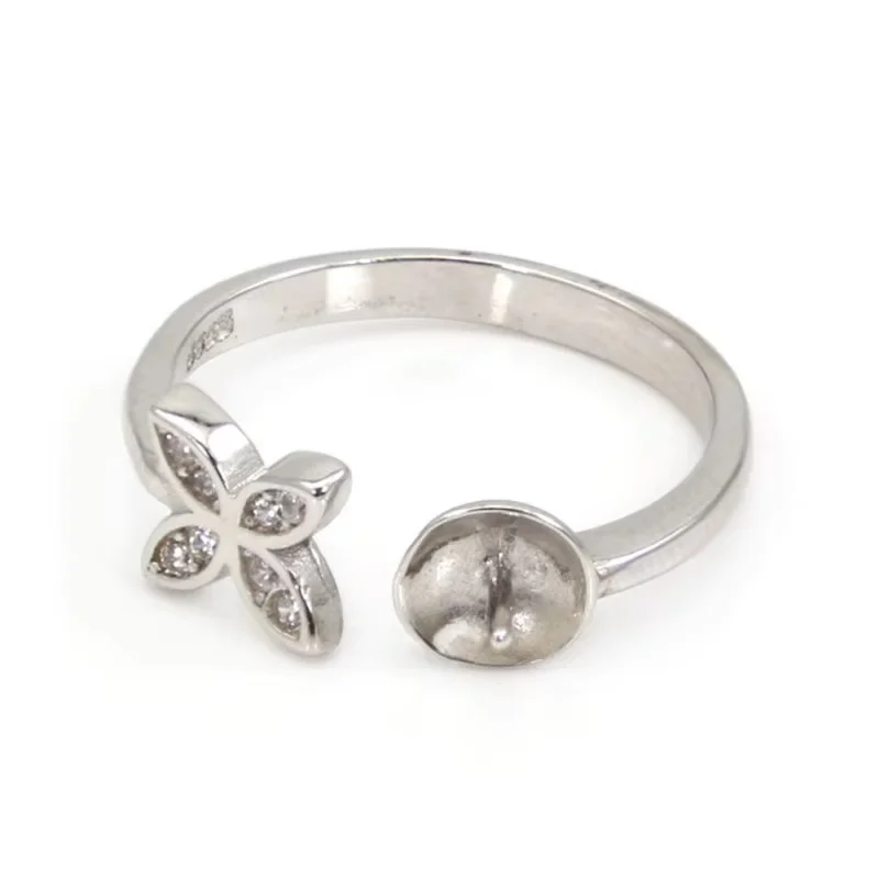

925 Sterling Silver Women Ring Base Setting 17mm Platinum Plated Adjustable With Zirconia Tray 5mm For Half Drilled Beads Gif