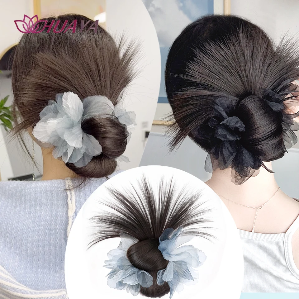 Synthetic black blue flower chicken hair bun wig for women lazy grasping pinching hair bun fluffy low tie curly hair flower buds