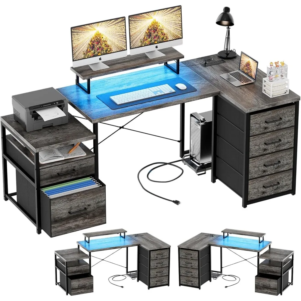 

70.8 Reversible L Shaped Computer Desk with Fabric File Drawers, Corner Desk with RGB LED Light & Power Outlets