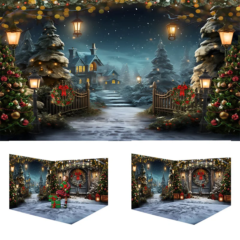 

3D Room Christmas Photography Backdrop Winter Snowy Cathedral Wooden Door Holiday Kids Family Photo Background Xmas Tree Decor