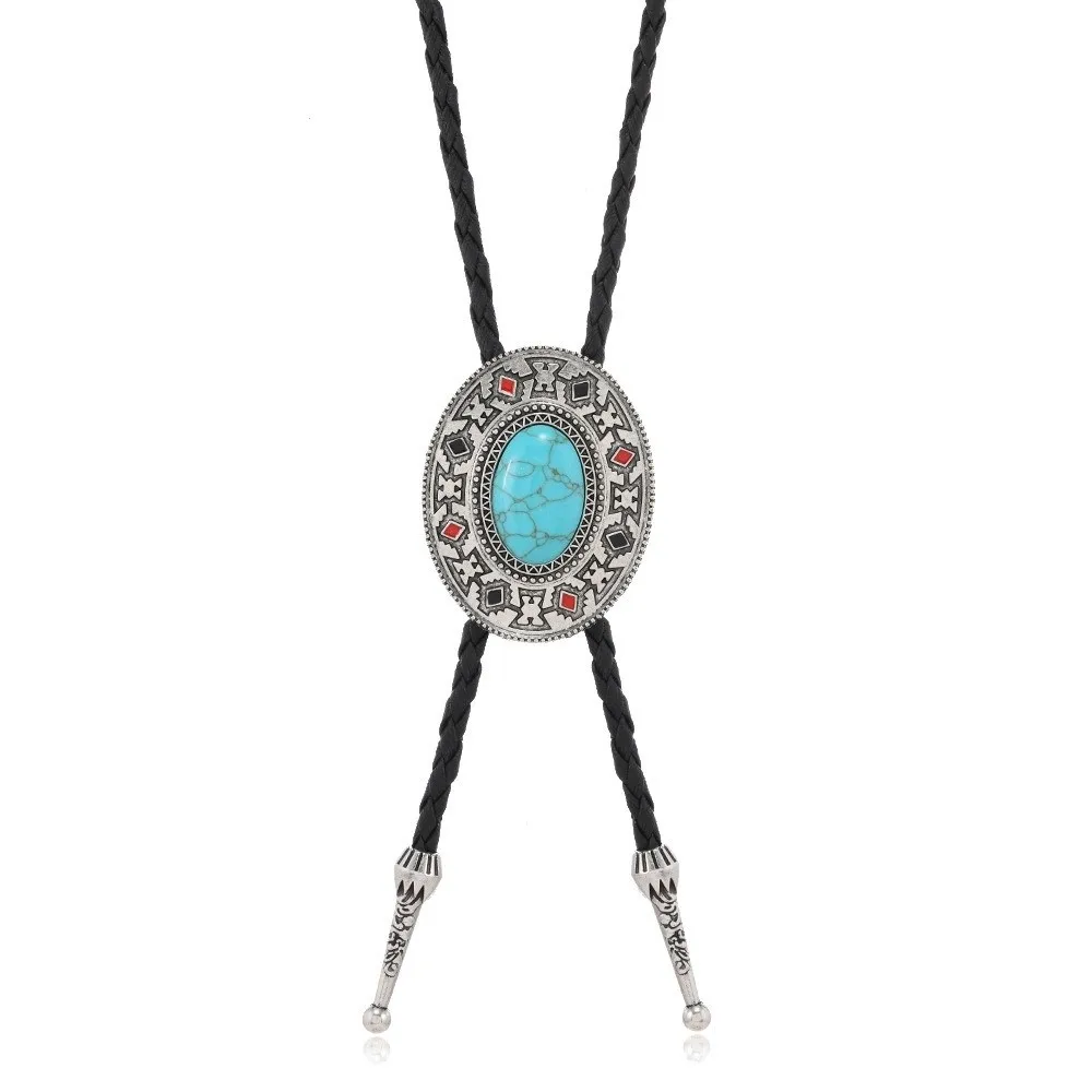 Vintage Artistic Bolo Tie Turquoise Inlaid Antique Silver Retro Tie Personality Round Disc Sweater Chain Bolo Tie