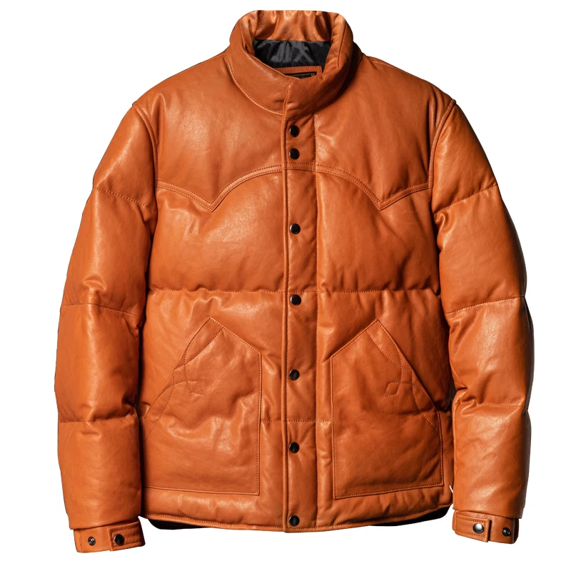 

Orange Winter Leather Down Jacket Men Casual Style Plus Size 5XL Genuine Natural Sheepskin Stand Collar Thick Warm Coat