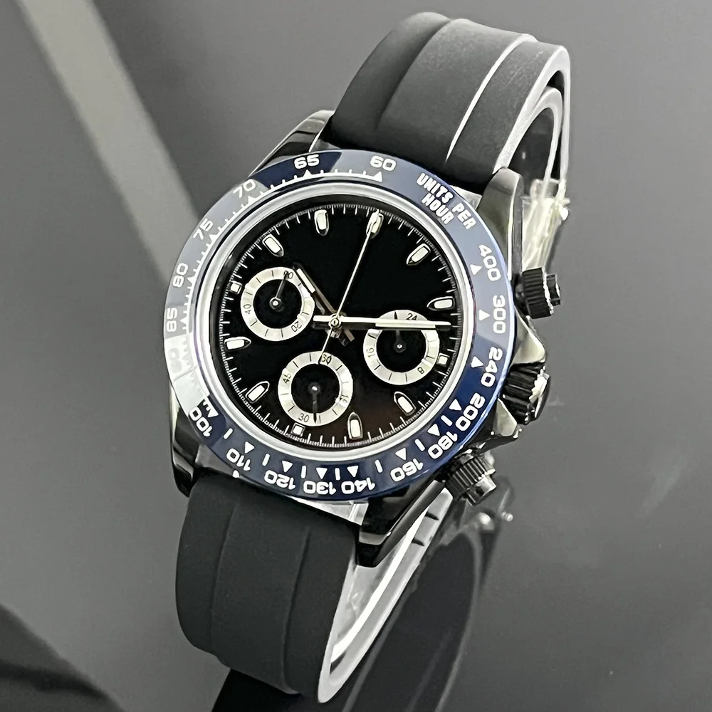 39mm Men's Black Stainless Steel Quartz Watch with Chronograph Crystal Sapphire VK63 Movement Steel Blue Dial Rubber Strap