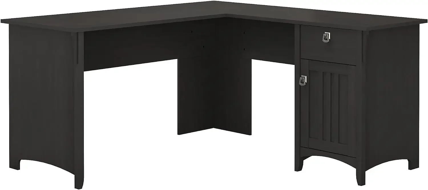 

Salinas L Shaped Desk with Storage in Vintage Black | Modern Farmhouse Corner Table with Drawers and Cabinets for Home Office