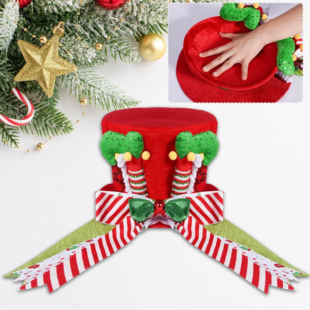 Lively Foldable Christmas Tree Top Hat Sturdy Cloth in Bright Red with Striped Bow Perfect for Creating Festive Moments