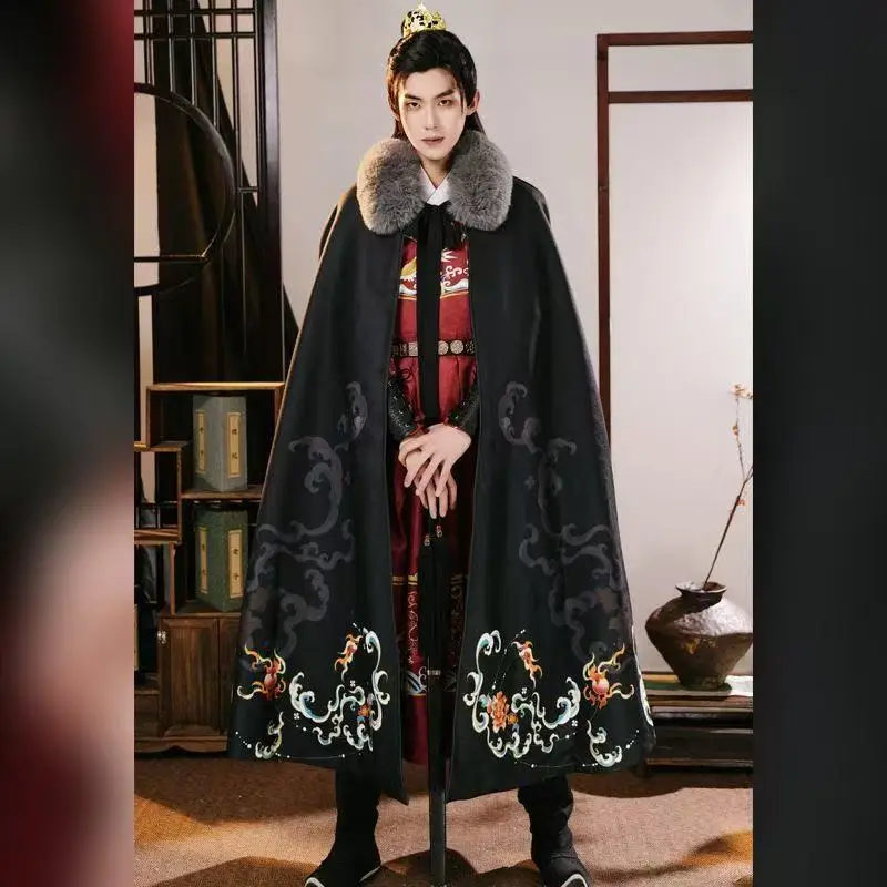 Vintage Brave Kylin Cloak Traditional Large Plush Collar Mascot Clouds Printing Long Robe Halloween Swordsman Cosplay Outer Cape