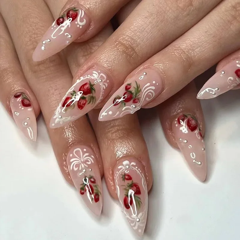 24Pcs Cute Strawberry Detachable Long Fake Nails for Women Aesthetic Prosthetic Nail Set Girls Glued Nails Almond Press on Nails