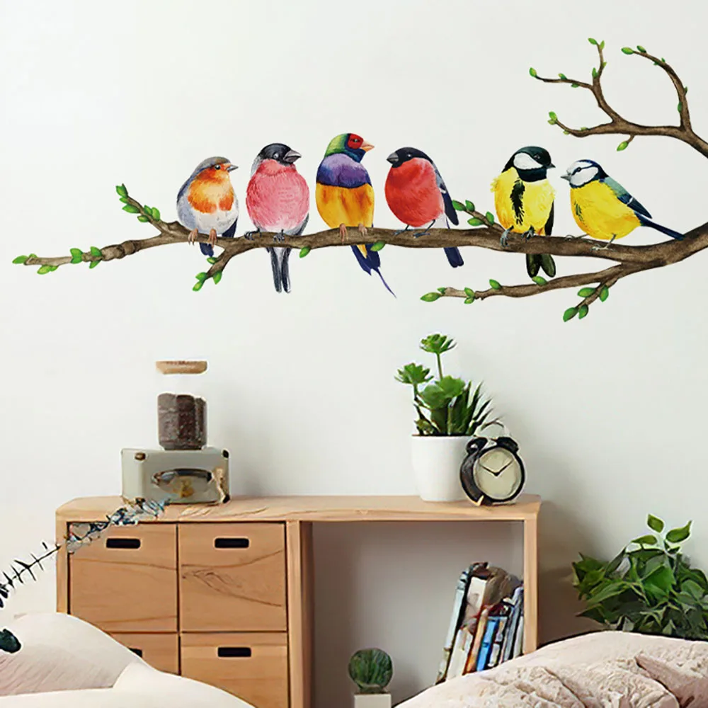 1pc Vibrant Bird Wall Stickers - Colorful Branch Pattern, Self-Adhesive & Removable, Instant Home Decor for Bedroom, Entryway, L