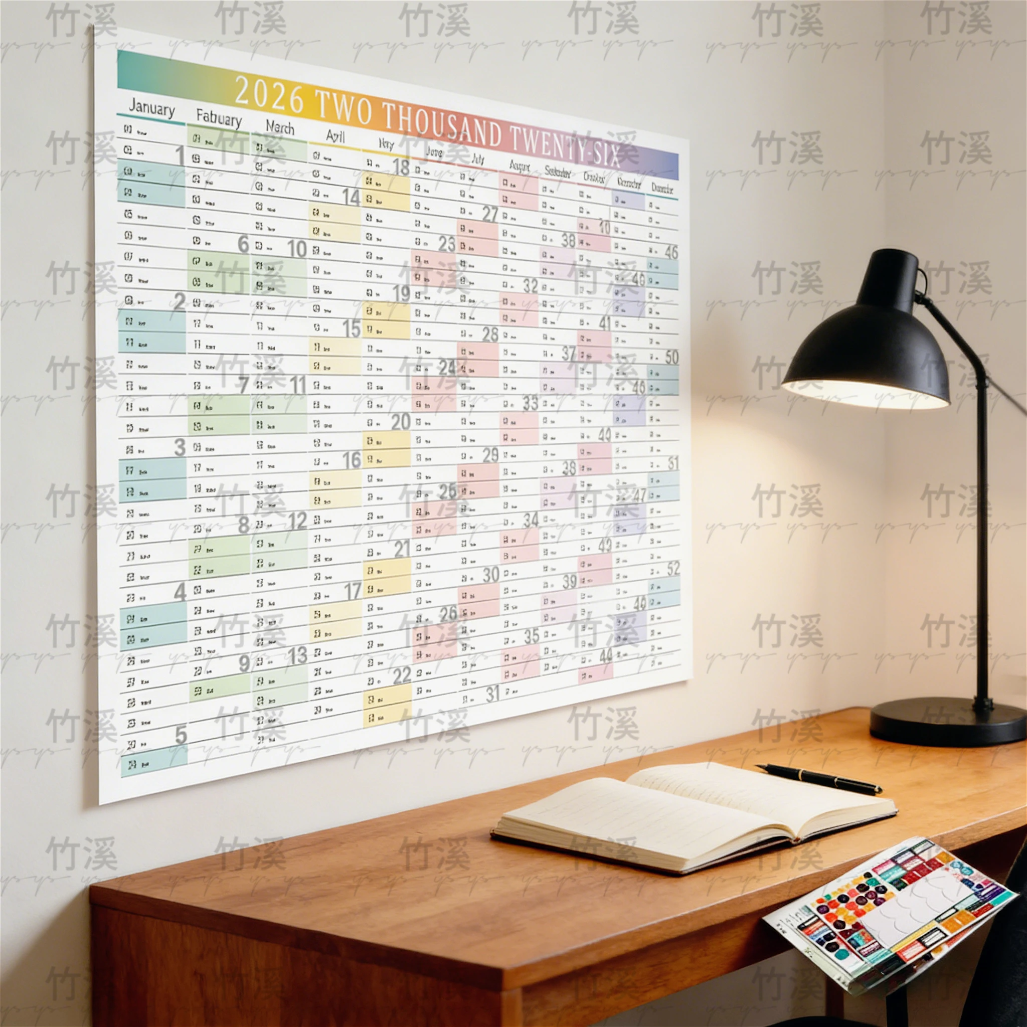 تقويم حائط ملون لعام 2026 مع 365 ملصقًا |   مخطط السنة، مذكرة ومنظم الجدول الزمني