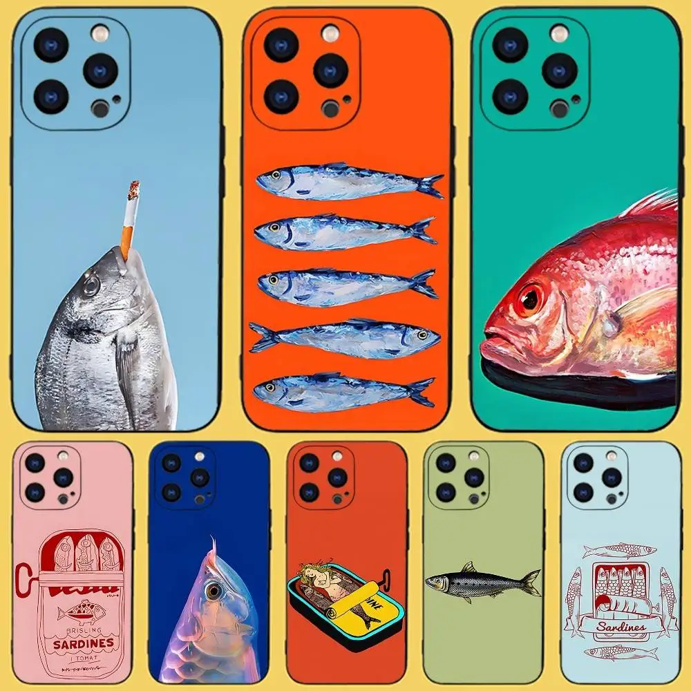 

Phone Case For iPhone 17,16,15,14,13,12,11,Pro,Max,Plus,X,XS,SE4,E,Mini,Soft S-Sardines Art Black Case