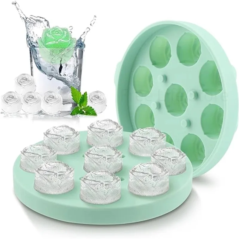 

3D Rose Ice Mold Silicone Ice Cube Tray Make 9 Flower Shape Ice for Freezer Whiskey Wine Cocktails Juice Kitchen Accessories