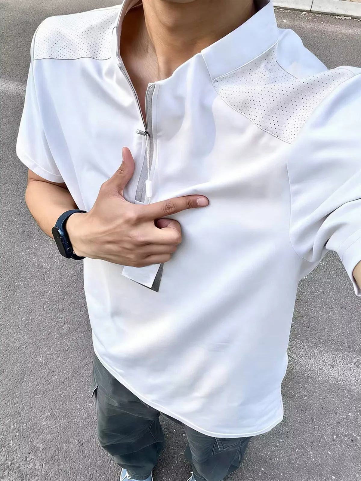 Ice Silk Quick Dry Short Sleeve  Shirt Men's Summer Breathable Cooling Sensation Half Zipper Riding T-Shirt Shoulder Fit