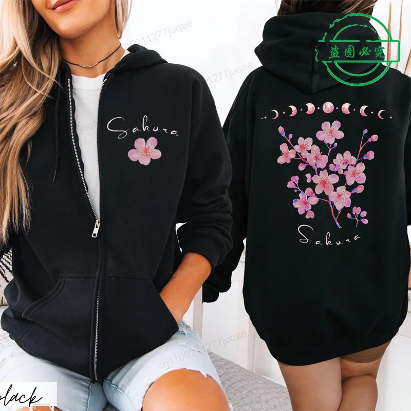 Sakura Cherry Print Zip Up Harajuku Hoodie Jacke Kirschblüte Damen Casual Sweatshirt Reißverschluss Streetwear Taschen Kapuzenmäntel