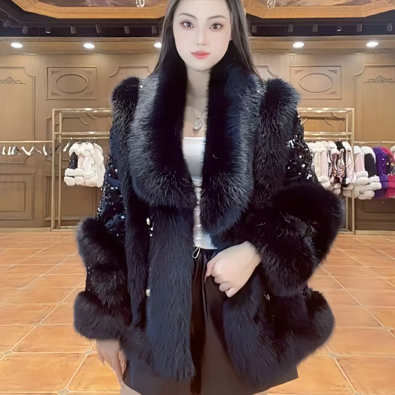 Faux Fur Coats for Women,Fur Collar Jackets,Fur Cuffs Overcoat,Female Clothes,Sequins,Thicken Warm,Luxury,New ,Winter,2025