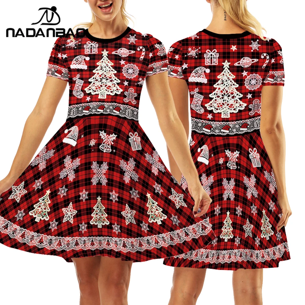 

Nadanbao Christmas Tree Print Women's Dress Fashion Red Black Gaid Dresses Summer Short Sleeved Ladies Outfit Xmas Party Costume