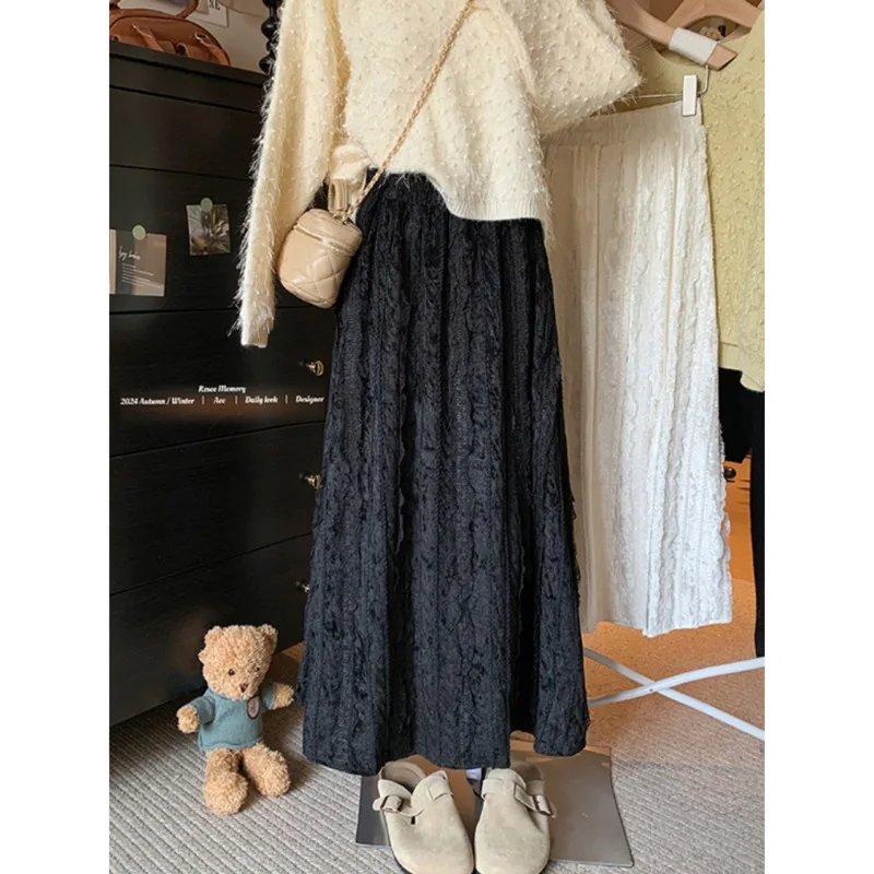 Heavy Embroidery Velvet Lace A-Line Long Skirt Women's High Waist Spring Season Sweater Matching Half Skirt Draping Umbrella