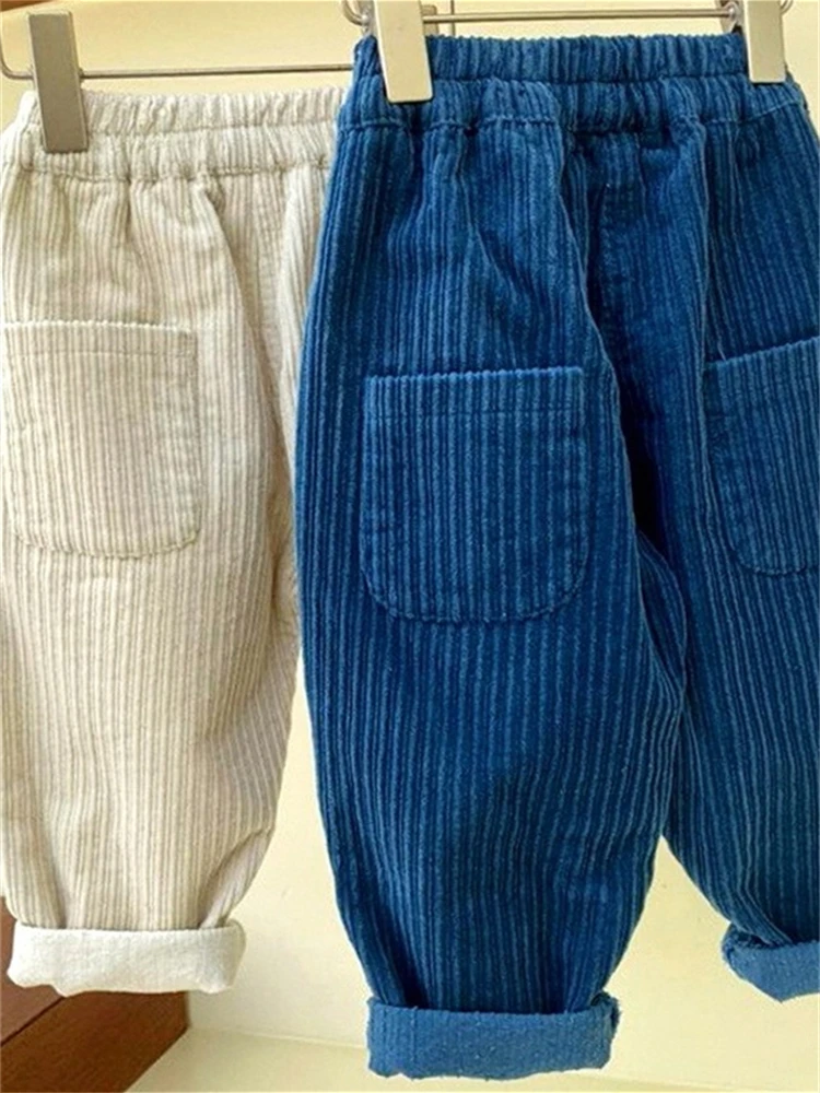 Calças de Corduroy para Meninos, Estilo Casual de Primavera e Outono, Calças em tras Finas, Estilo Mãe-Filho, Confortáveis...