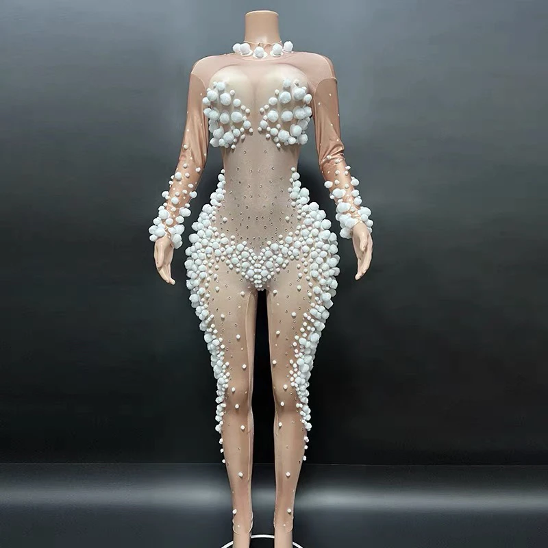 

Diamond Hairball Embellishment Apricot Color Sexy Elastic Sheath Long Jumpsuit Evening Party Performance Nightclub Singer Stage
