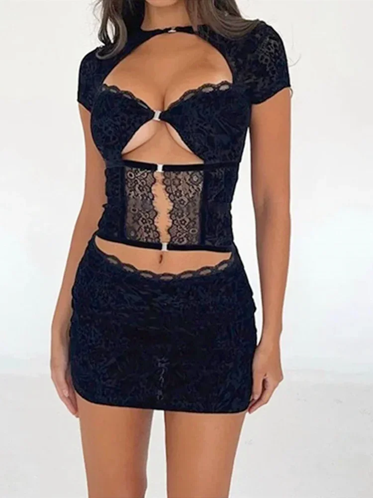 Women Sheer Lace Mini Dress Short Sleeve Crew Neck Hollow Out Slim Fit Bodycon Dress Summer Retro Club Sexy Dresses