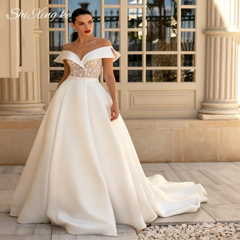 Illusion Lace Bodice Satin Wedding Gown 2026 Chapel Train Sash Belt Off‑the‑Shoulder Bridal Dress Vestidos De Novia Customized