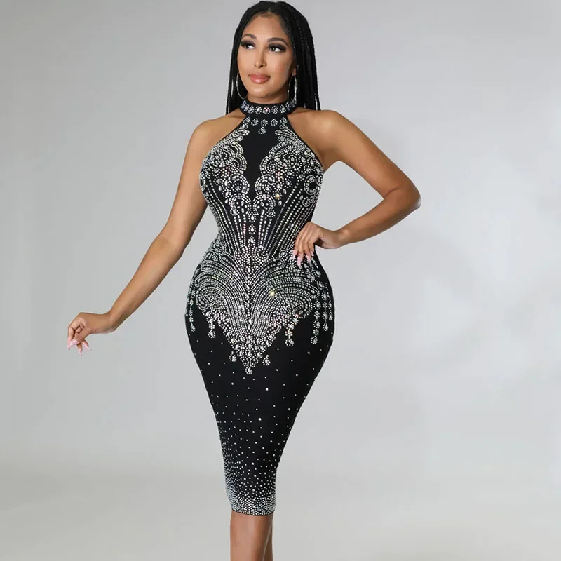 

Sparkly Crystal Rhinestones Bodycon Midi Dresses Women Evening Party Night Club Sleeveless Off Shoulder Celebrity Birthday Dress