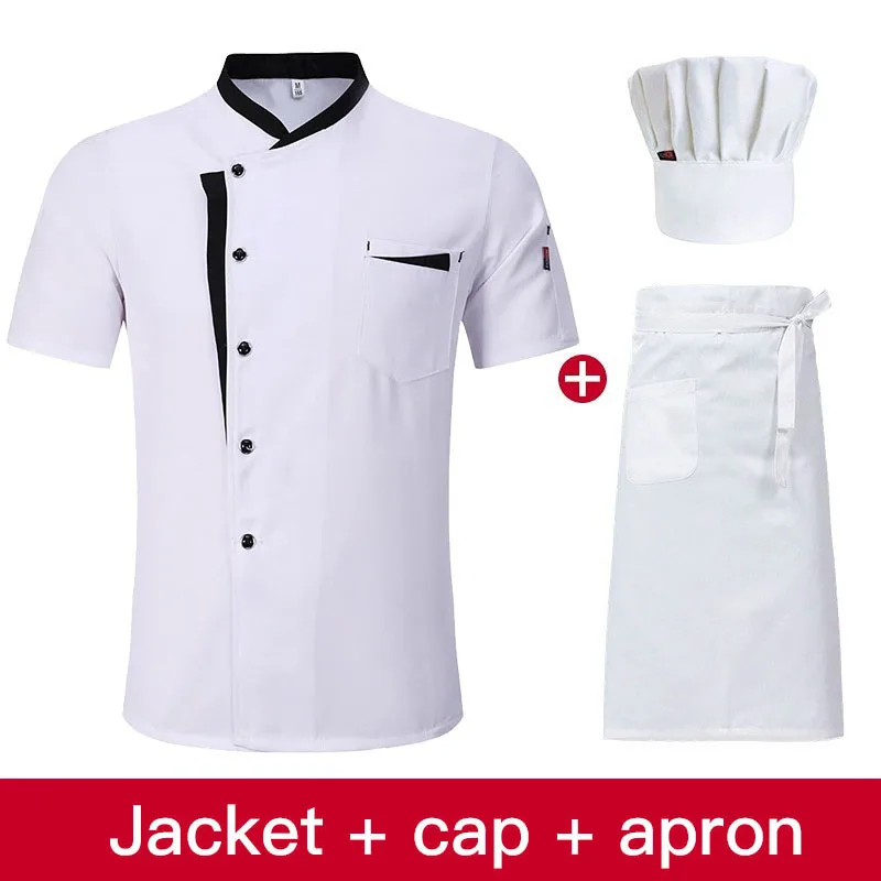 Conjunto de jaqueta chef de manga curta para homens e mulheres, Hotel Kitchen Work Uniform, Cook Restaurant, Camisas de cozinha, Chapéu, Avental, Roupas