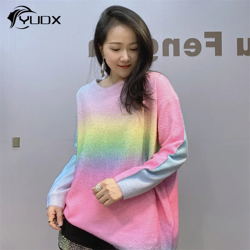 2024 Gradient Rainbow Hot Drilling Women Sweaters All-macth Loose O-neck Pullover Top Casual Long Sleeve Knitted Shirts Spring