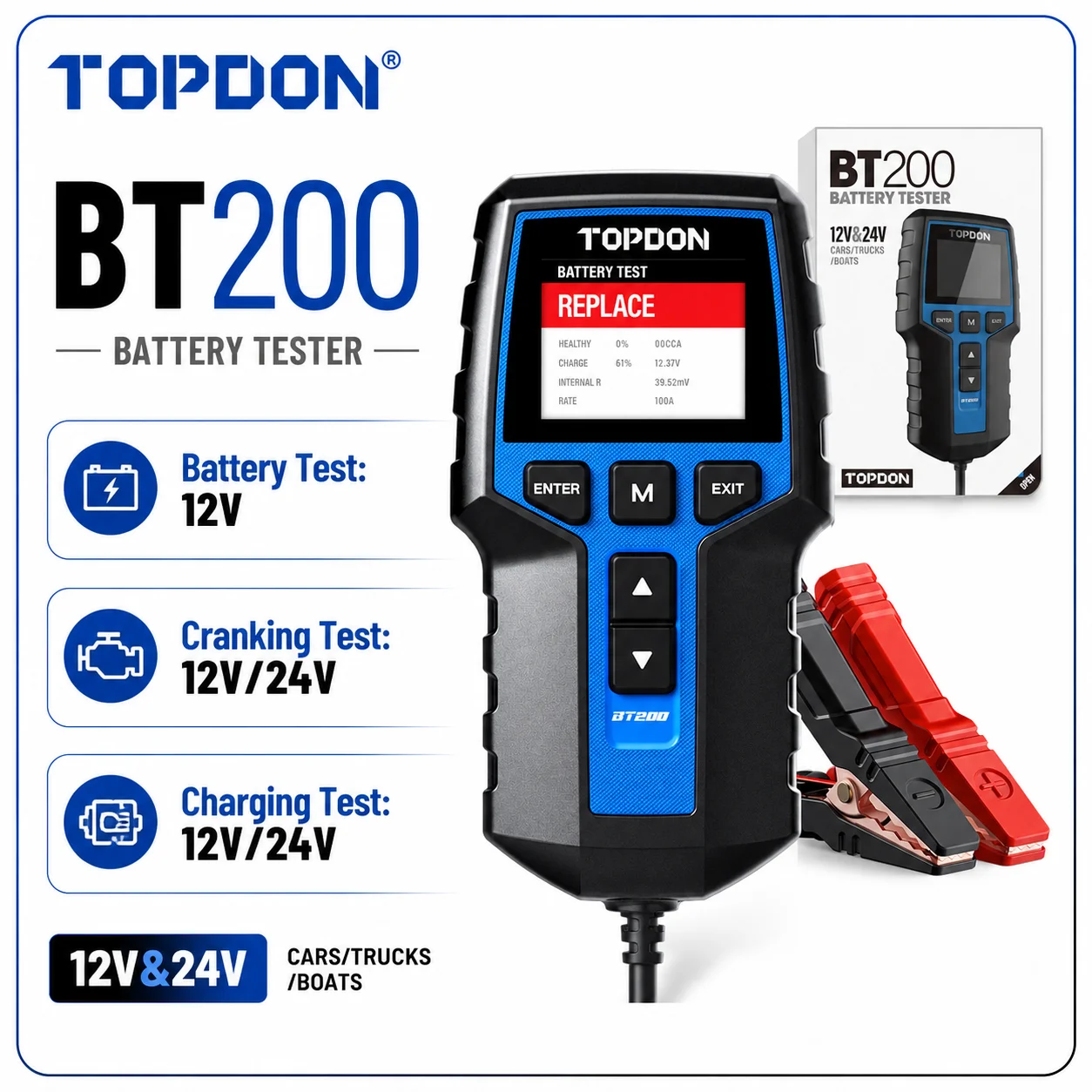 TOPDON BT200 Kfz-Batterietester Digitaler Prüfer Professioneller 12V/24V Autobatterie-Ladetest Starttest 12V Batterietester