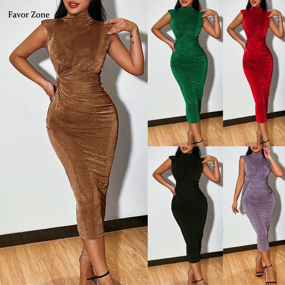 Summer Sleeveless Long Dress Women 2023 Half High Collar Elegant Office Lady Dress Sexy Bodycon Folds Slim Evening Party Dresses