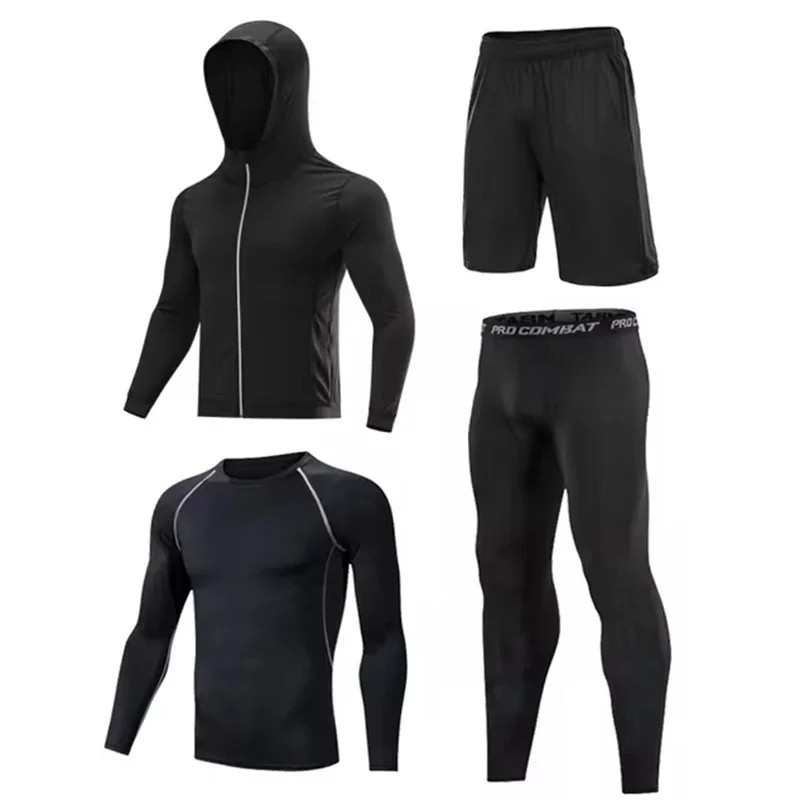 4Pcs Men Ice Silk Compression Sports Suit Quick Dry Tight Outfit for Gym Running Jogging Training