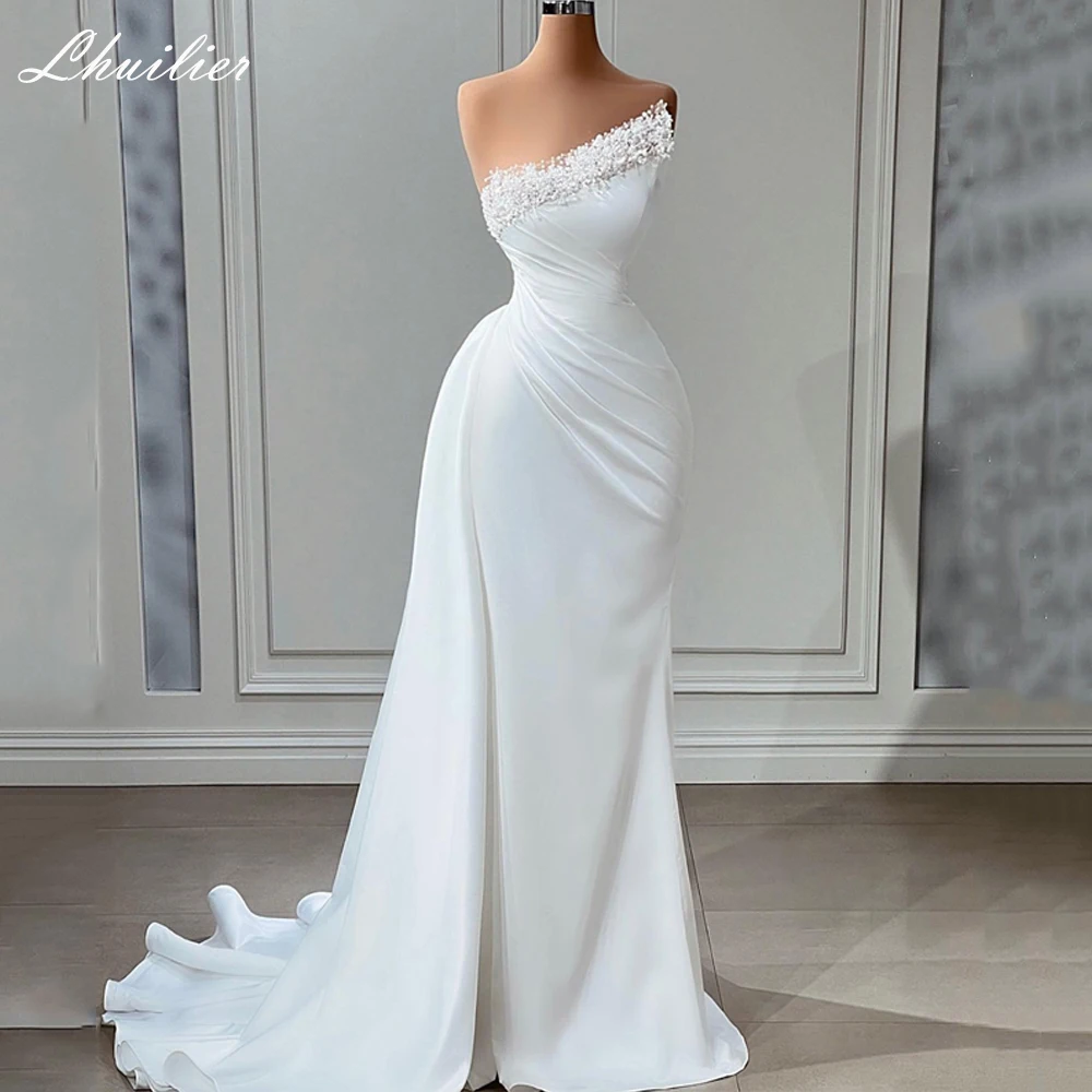 Lhuillier Elegant Mermaid Satin Wedding Dresses Sleeveless Pearls Beaded Pleated Bridal Dress with Detachable Train