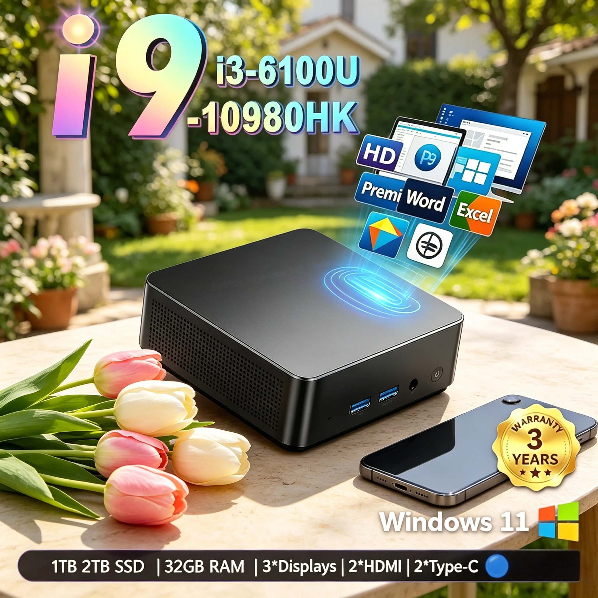 

Laptop High Speed Core I3-6006U Mini PC 32GB RAM 2TB SSD WiFi6 BT5.2 Windows 11 Pro Home Office Study 4K Mini Desktop PC