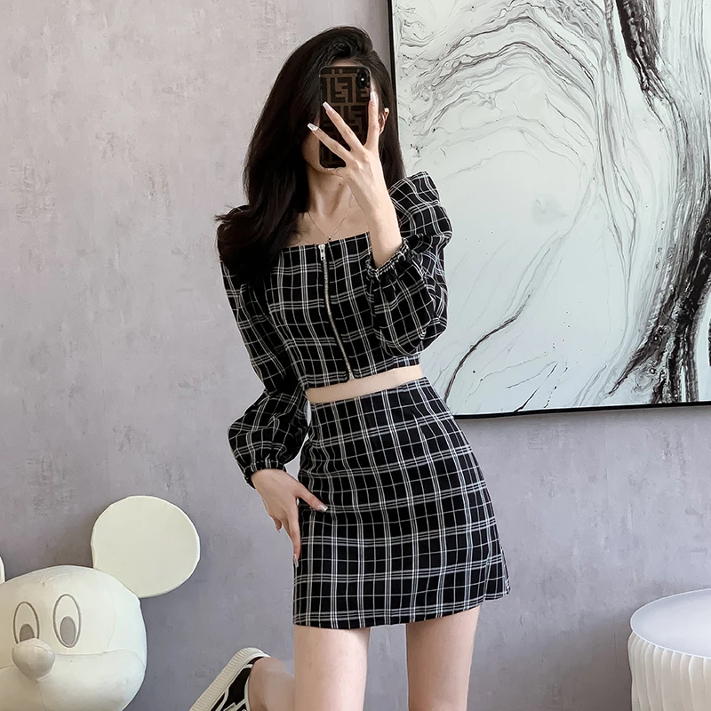 

Korean Fashion Two Piece Set Womens Autumn Long Sleeve Zipper Short Tops + High Waist A-line Sexy Mini Skirt 2024 Ladies Suits