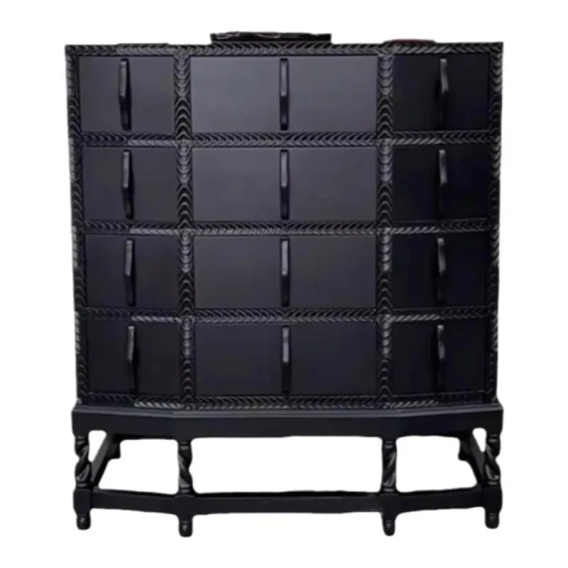 

French retro black solid wood carved chest, living room twist leg drawer, side cabinet