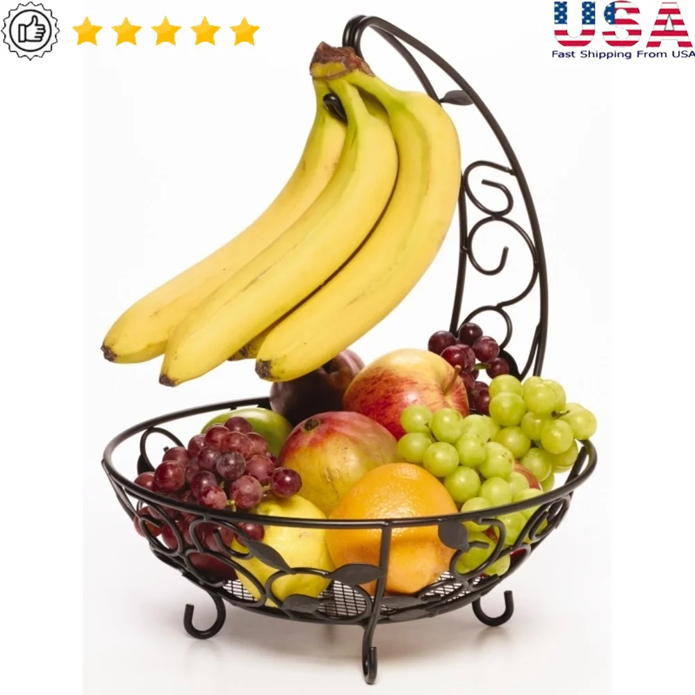 

Black Metal Wire Fruit Basket with Banana Hanger Decorative Storage Fruits Versatile Home Organizer Countertop Use