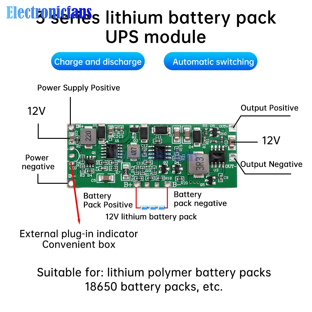 12V3A 24W36W Uninterruptible Power Supply Board 3S Lithium Battery Pack UPS Module Side Charging and Discharging AutomaticSwitch